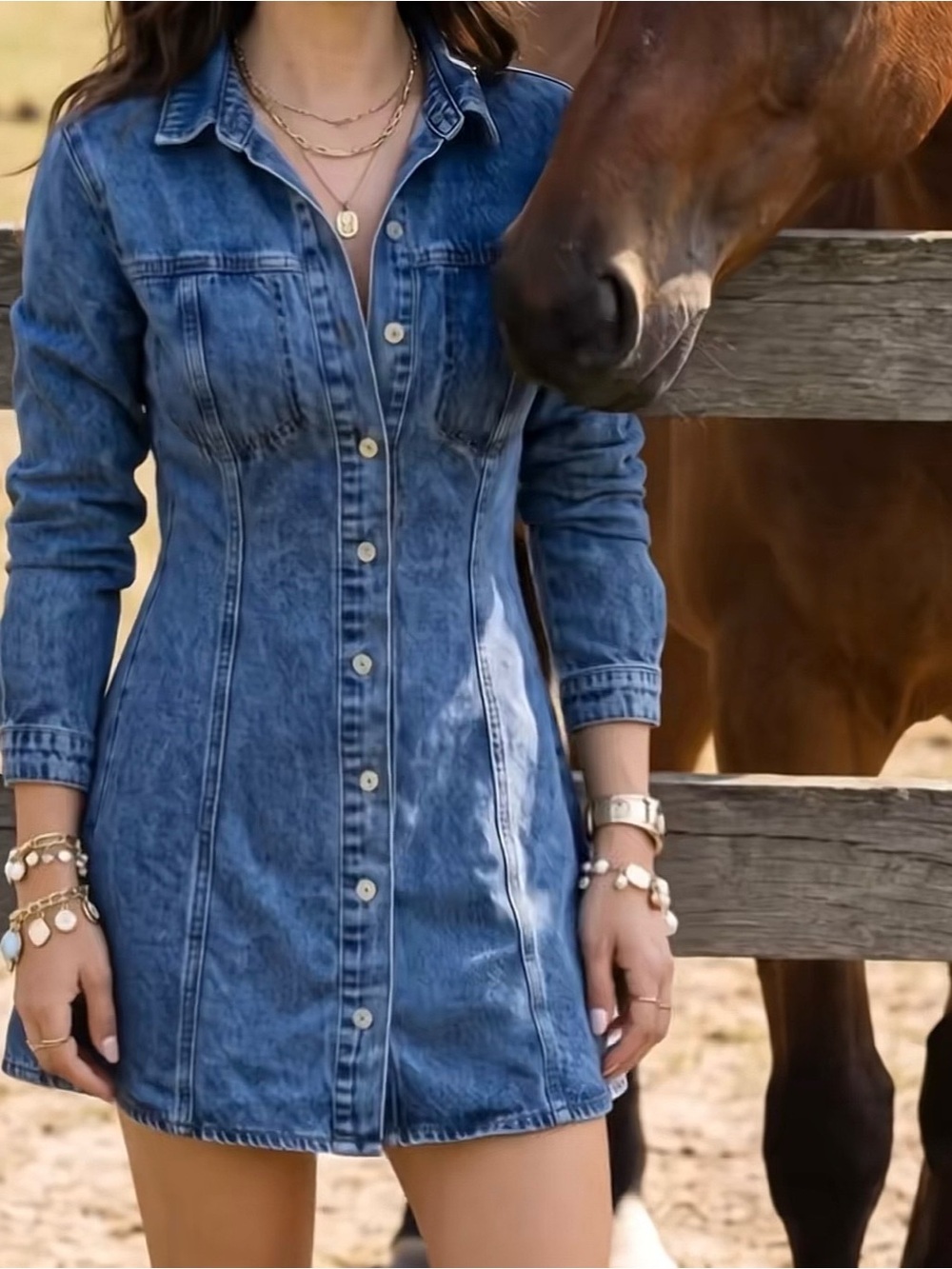 Fitted Denim Button-Down Shirt Dress - Blue XL